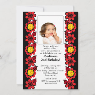 Ladybugs & Flowers Photo Invitation d'anniversaire