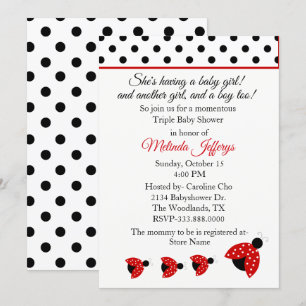 Ladybugs Triplets Baby shower Invitation