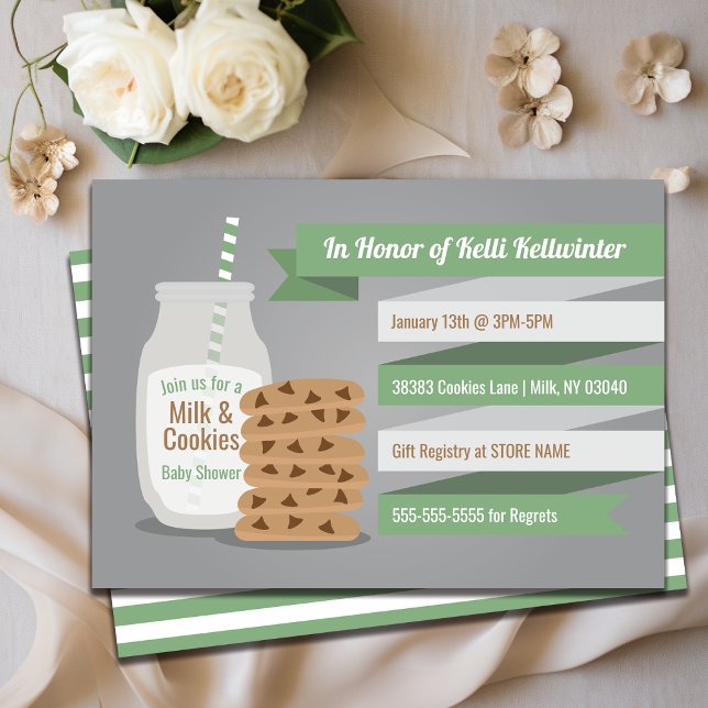 Lait vert moderne et biscuits Invitation rayée (Milk and Cookies Baby Shower Modern Green Stripe Invitation)
