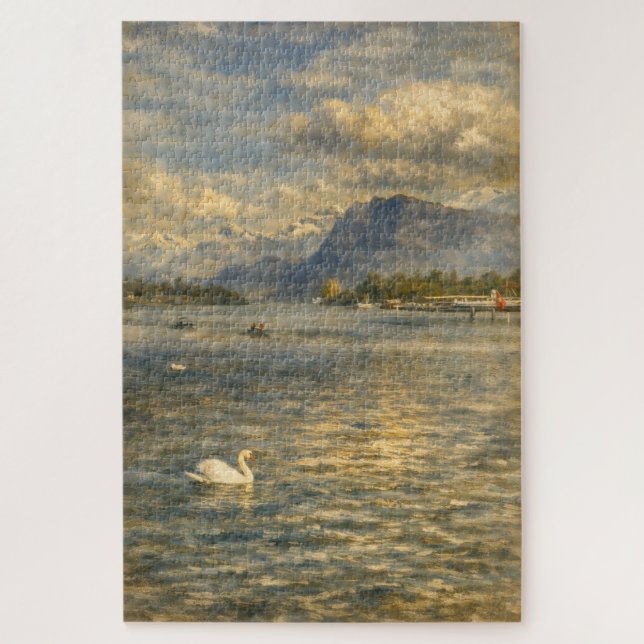 Lake Lucerne Switzerland Swan & Alps Art Puzzle (Vertical)