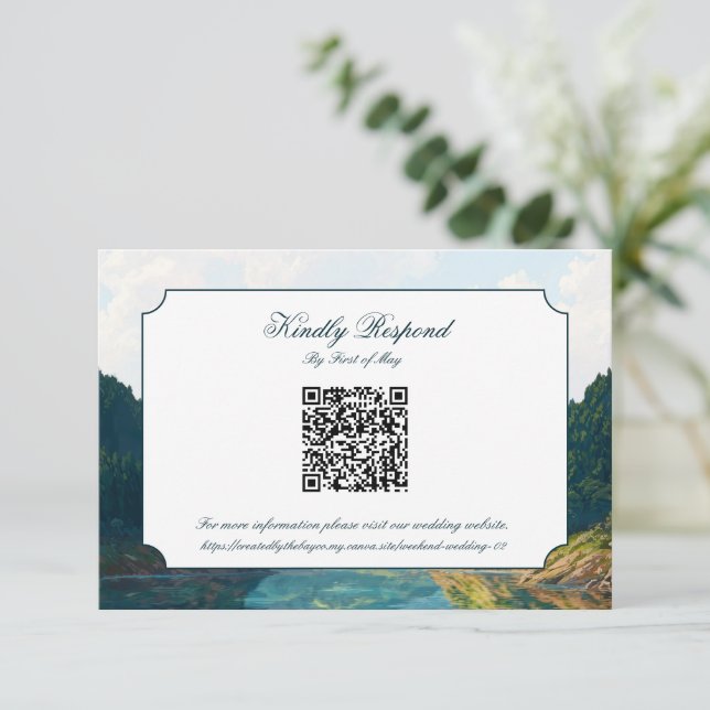 Lakeside Mountain Valley Wedding QR code RSVP Card (Debout devant)