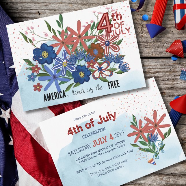 "L'Amérique Terre des Libres" 4 juillet INVITATION (America Land of the Free_ 4th of July Floral Holiday Card)
