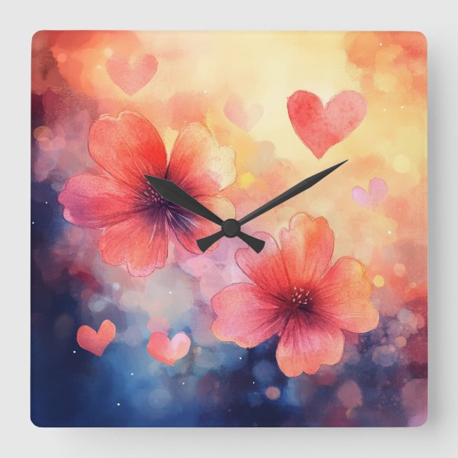L'amour en fleurs – Horloge murale florale carrée  (Recto)