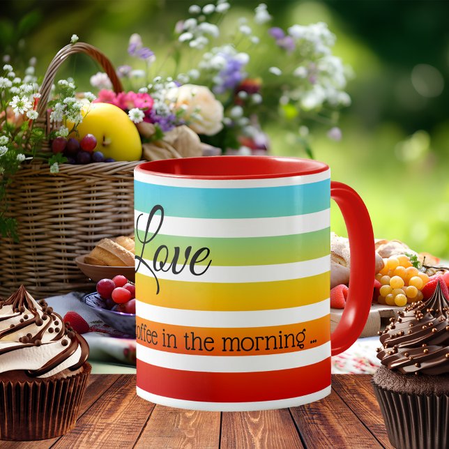 L'amour est... Couleur arc-en-ciel rayures Mug (A classic festive mug featuring a rainbow striped pattern on your custom background color)