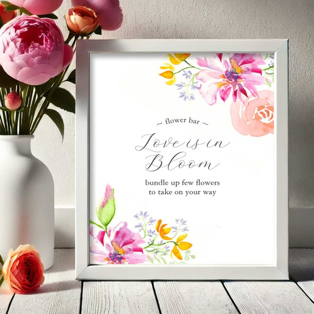 L'amour est dans Bloom Flower Bar Poster Vibrant R (Flower bar sign watercolor pink and orange flowers art by Victoria Grigaliunas Do Tell A Belle)