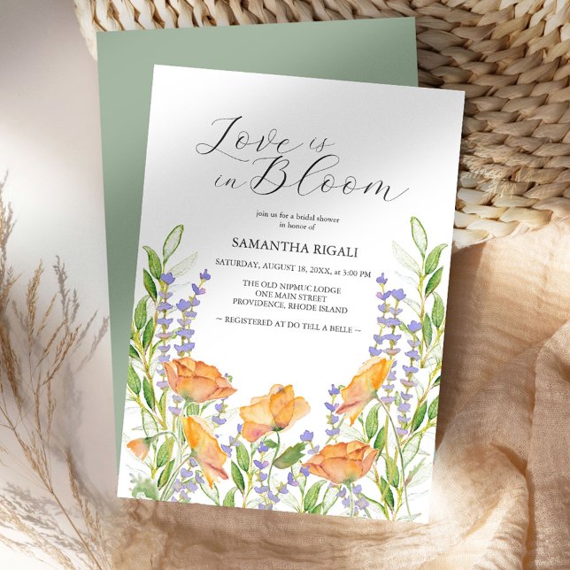 L'amour est en fleurs – Fête de mariage champêtre  (Love is in bloom bridal shower invitations features watercolor floral art by Victoria Grigaliunas)