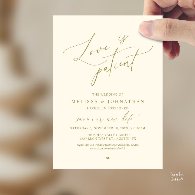 « L'amour est patient » Faire-part de changement d (“Love Is Patient” Wedding Postpone Announcement Date Change Card in Yellow Gold)