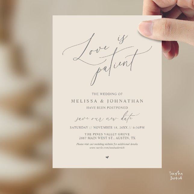 « L'amour est patient » Faire-part de changement d (“Love Is Patient” Wedding Postpone Announcement Date Change Card in Cream Grey)