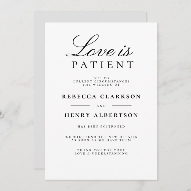 L'amour est patient Faire-part de mariage noir et  (Devant / Derrière)