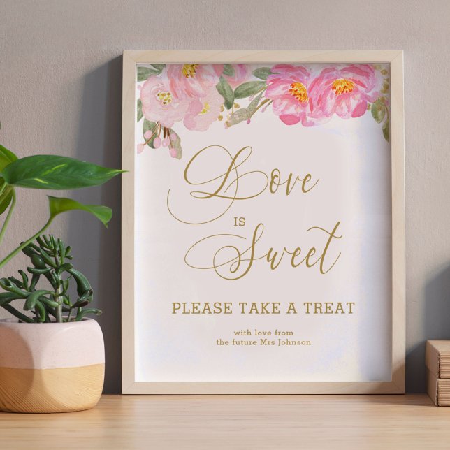 L'amour est un or doux Affiche de calligraphie flo (Love is Sweet bridal shower favor table sign from my Pink and Gold Watercolor Floral Collection)