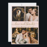 L'amour et Merci Merci Mariage rose et or<br><div class="desc">Elégant, moderne Blush rose et or Lettered Mariage 3 Photo Collage Carte de remerciements. Modèle mariage élégant avec (3) trois photos sur le devant et (1) une photo sur le dos. Avec le texte "Amour et merci" script dans une tourbillonnant courbe typographie lettrée en couleur or swash-tail police sur rose...</div>