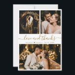 L'amour et merci Merci Mariage White Gold<br><div class="desc">Elégant, moderne blanc et or main Lettered Mariage 3 Photo Collage Carte de remerciements. Modèle mariage élégant avec (3) trois photos sur le devant et (1) une photo sur le dos. Avec le texte "Amour et merci" dans un tourbillonnant cursive lettré typographie script swash-tail police en or couleur sur arrière...</div>