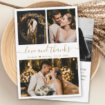 L'amour et merci Merci Mariage White Gold<br><div class="desc">Elégant, moderne blanc et or main lettré Mariage photo Collage Carte de remerciements. Élégant modèle mariage avec trois photos sur le devant et une photo sur le dos. Avec le texte "Amour et merci" dans une tourbillonnant police de script de typographie lettrée en couleur or sur arrière - plan blanc....</div>