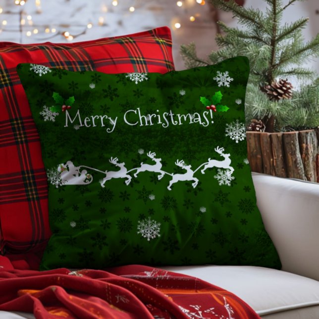 Lancer Coussin de Père Noël Vert et Renne (Green Santa's Sleigh and Reindeer Throw Pillow)