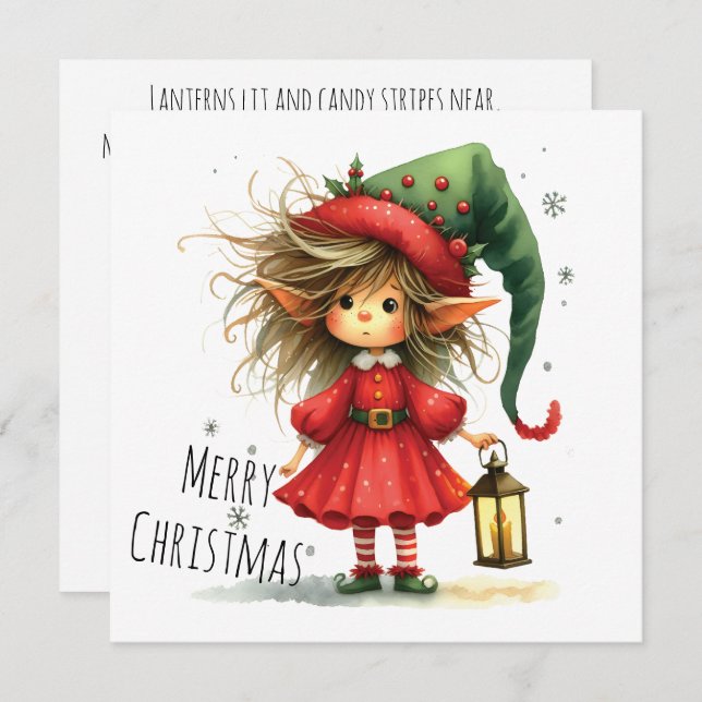 Lantern Elf – Whimsical Christmas Holiday Card (Devant / Derrière)