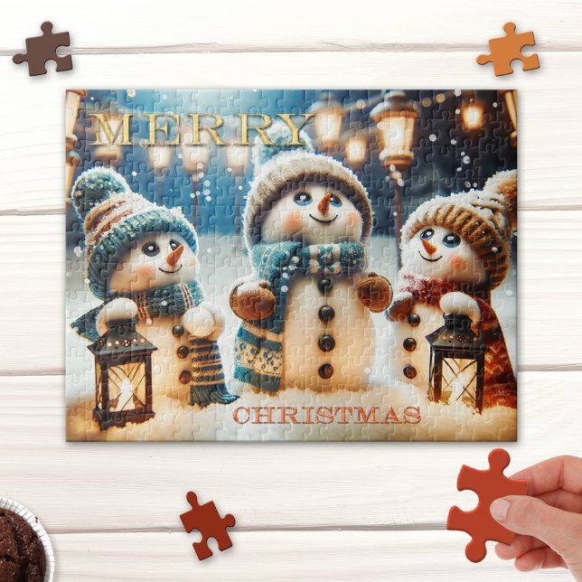 Lanternes blanches mignonnes Snowman Puzzle de Noë (Whimsical Christmas puzzle featuring cute snowmen watching as tiny snowflakes fall from the sky)