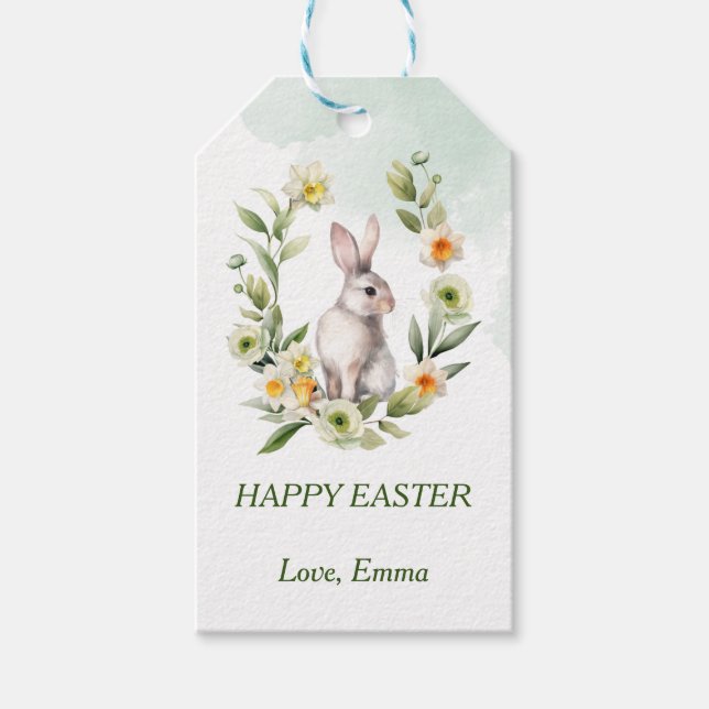 Lapin avec couronne florale étiquette cadeau texte (Devant)