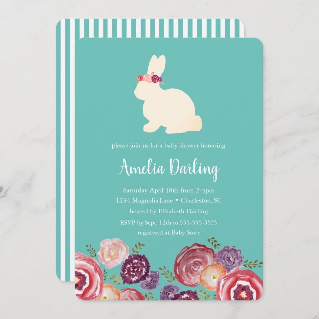 Lapin avec Fleurs Baby shower Headband Invitation (Devant / Derrière)