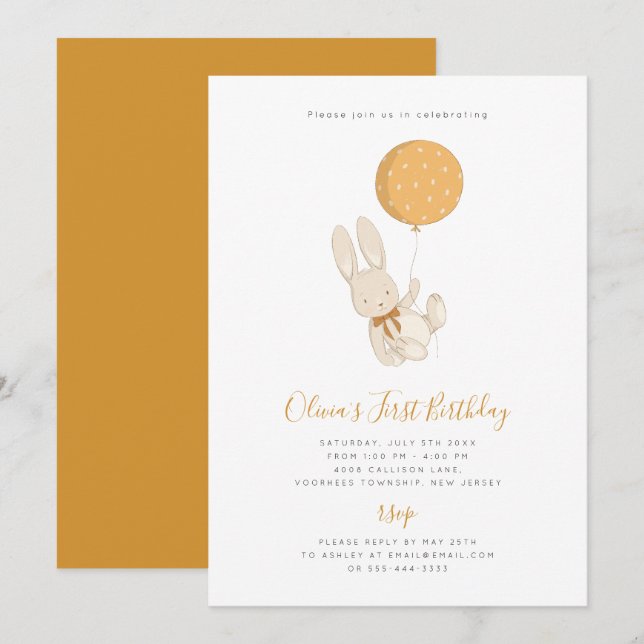Lapin avec un ballon Invitation Anniversaire (Devant / Derrière)