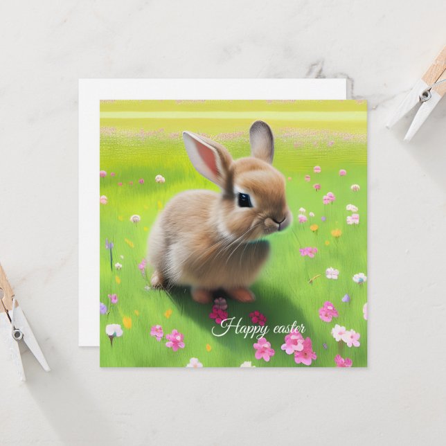 Lapin bébé mignon dans une prairie fleurie  (Devant/Arrière en situation)