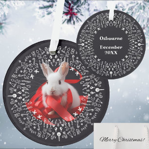 Lapin blanc avec ruban rouge sur la fête noire