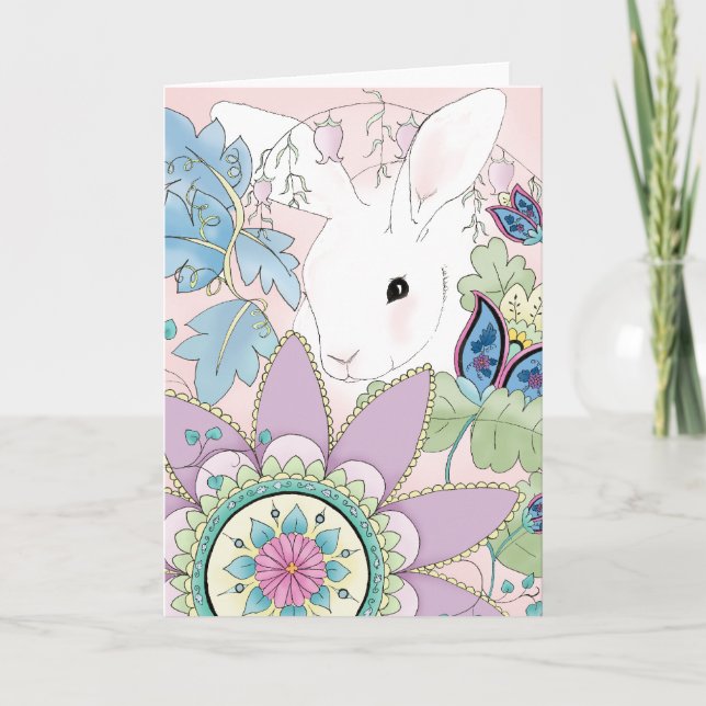 Lapin blanc, carte de voeux florale rose (Devant)