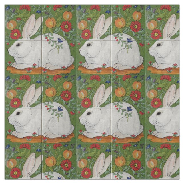 Lapin Blanc Vert Floral Printemps Easter Tissu Art (Échantillon)