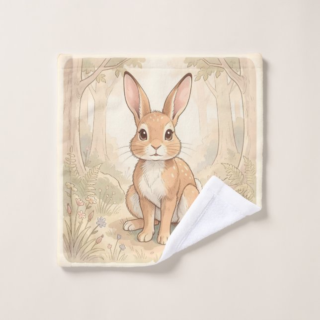 Lapin brun mignon dans une forêt (Gant de toilette)