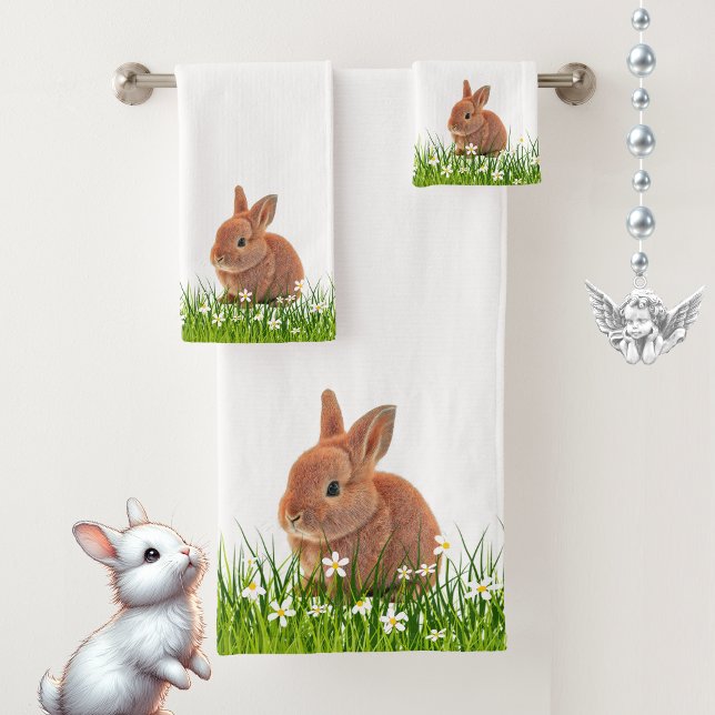 Lapin Brun Mignon & Fleurs sur Fond Blanc (Créateur téléchargé)