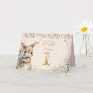 Lapin de jardin | Carte de 1er anniversaire rose