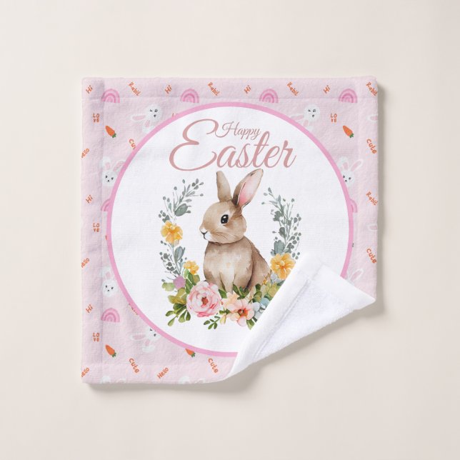 Lapin de Pâques à l'aquarelle avec couronne floral (Gant de toilette)