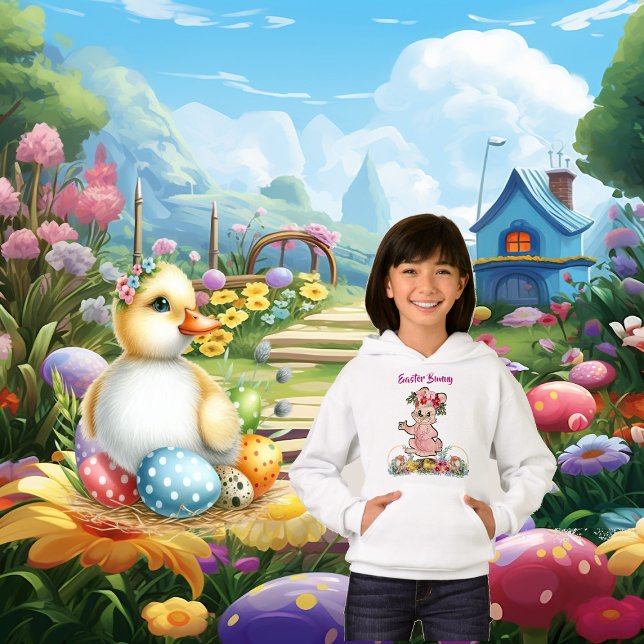 Lapin de Pâques Couronne Florale Fils Poussins Aqu (Easter Bunny Floral Crown Wreath Chicks Watercolor Hoodie)