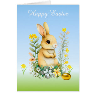 Lapin de Pâques, Fleurs & Œuf Doré sur Fond Bleu C