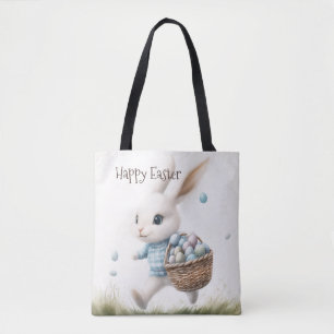 Lapin de Pâques heureux avec sac fourre-tout à pan