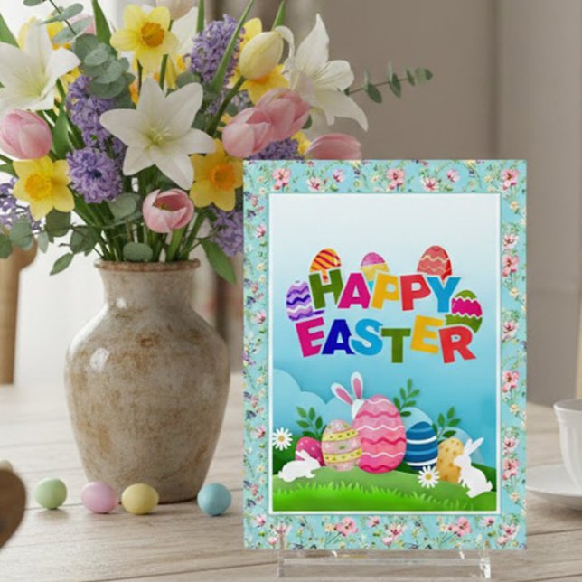 Lapin de Pâques joyeux et carte de jardin de style (Créateur téléchargé)