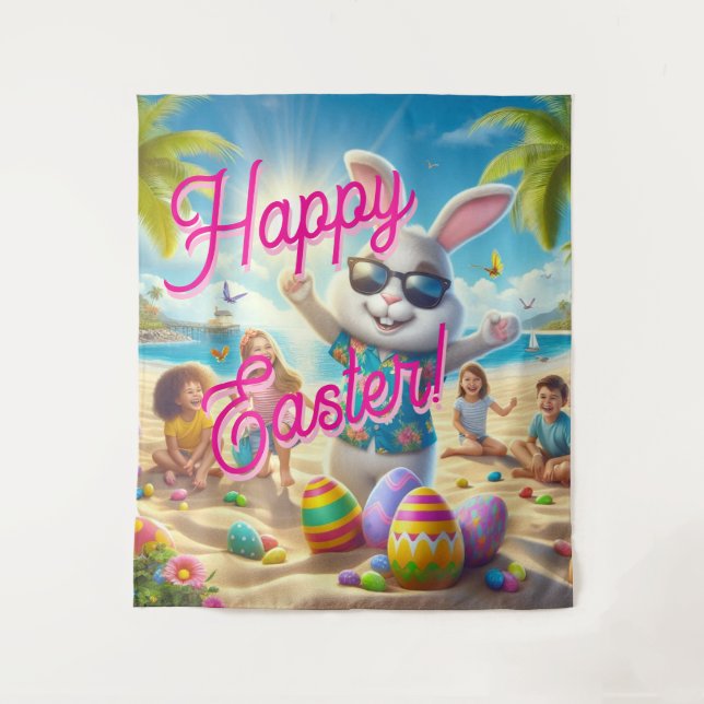 Lapin de Pâques joyeux sur une tapisserie de plage (Devant)