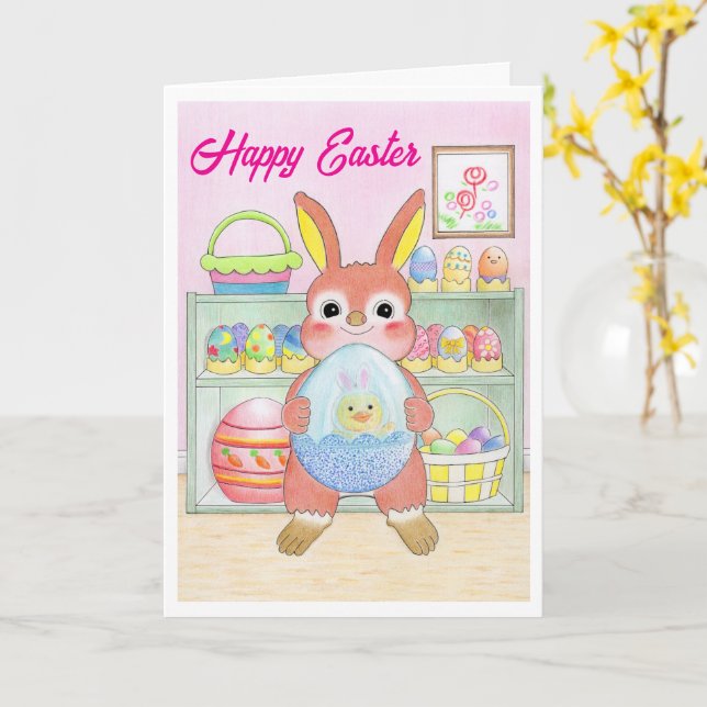 Lapin de Pâques Œufs Enfants Carte Pliée (Fleur jaune)
