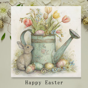 Lapin de printemps avec arrosoir vintage et tulipe