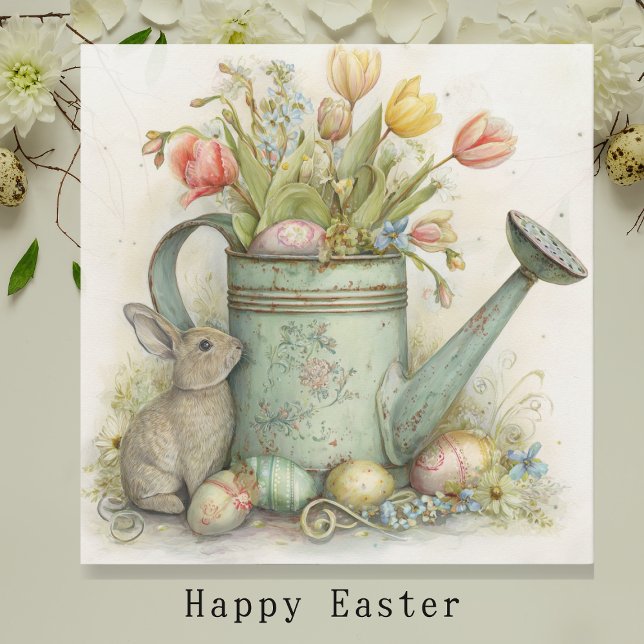 Lapin de printemps avec arrosoir vintage et tulipe (Créateur téléchargé)