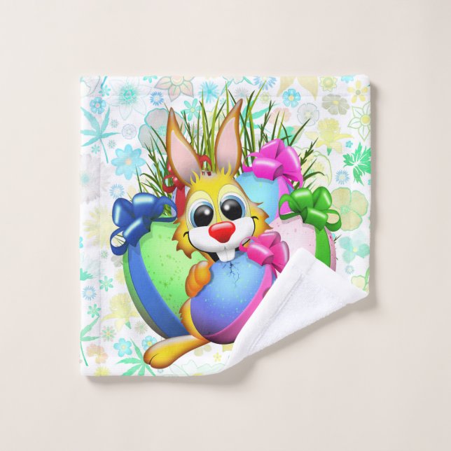 Lapin drôle mordant un œuf de Pâques (Gant de toilette)