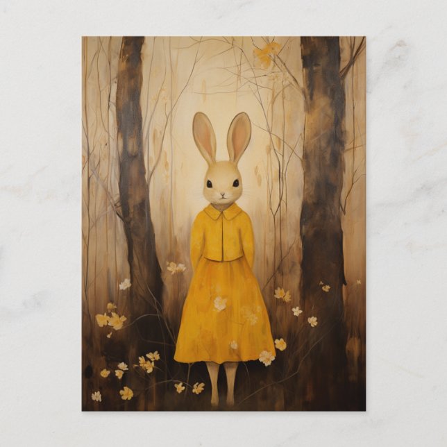 Lapin en robe jaune dans la carte postale des bois (Devant)