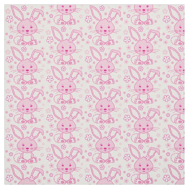 Lapin et fleurs tissu graphique rose (Échantillon)