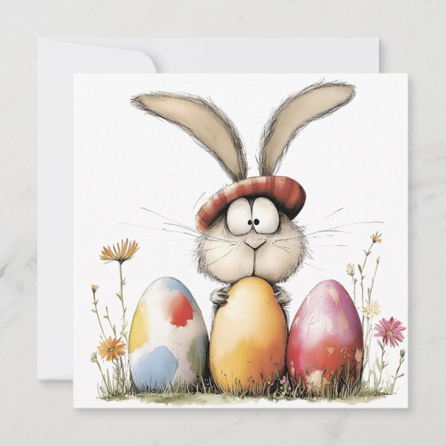 Lapin fantaisiste et œufs de Pâques décorés carte  (Devant)