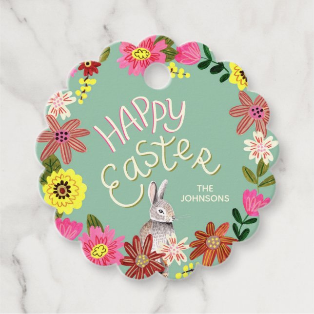Lapin Floral Joyeuses Pâques Étiquette de Cadeau d (Devant)