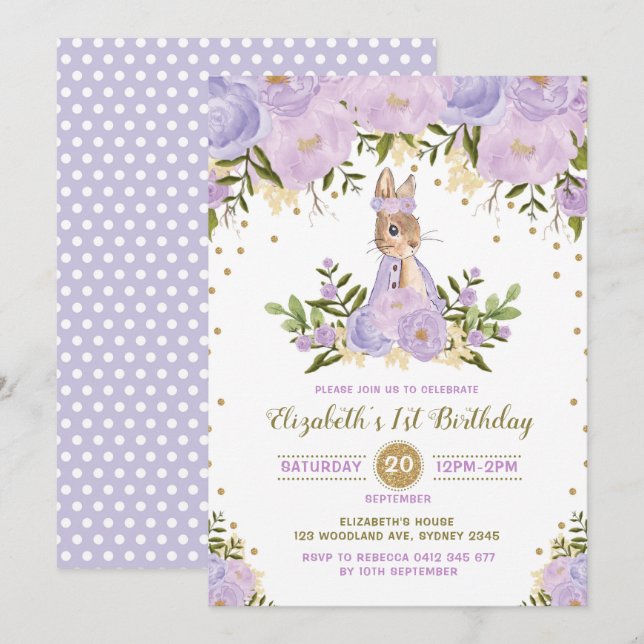 Lapin Floral Purple Or Invitation Birthday Woodlan (Devant / Derrière)
