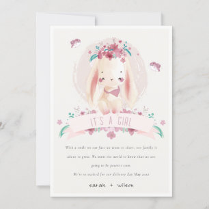 Lapin Floral Rose & Oiseaux Baby Girl Faire-part