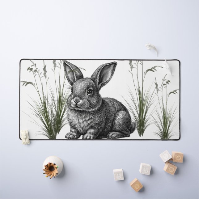 Lapin gris mignon parmi l'herbe (Tableau pour enfants)
