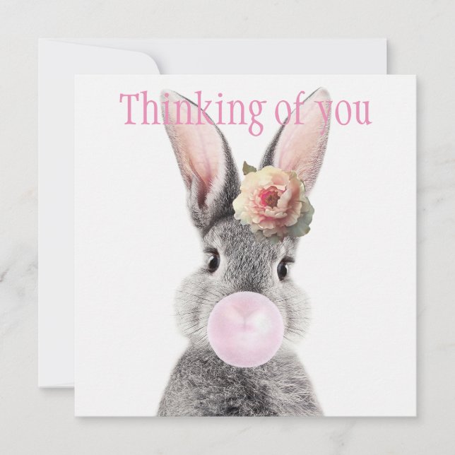 Lapin gris soufflant du bubble gum avec une fleur  (Devant)
