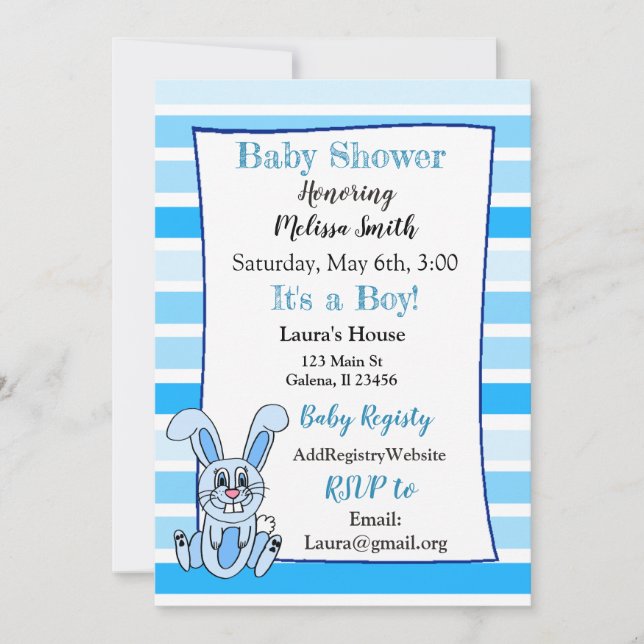 Lapin Lapin Bleu Garçon Bébé Douche Invitations (Devant)