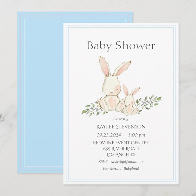 Lapin Lapin Blue Modern Baby shower Invitation (Devant / Derrière)